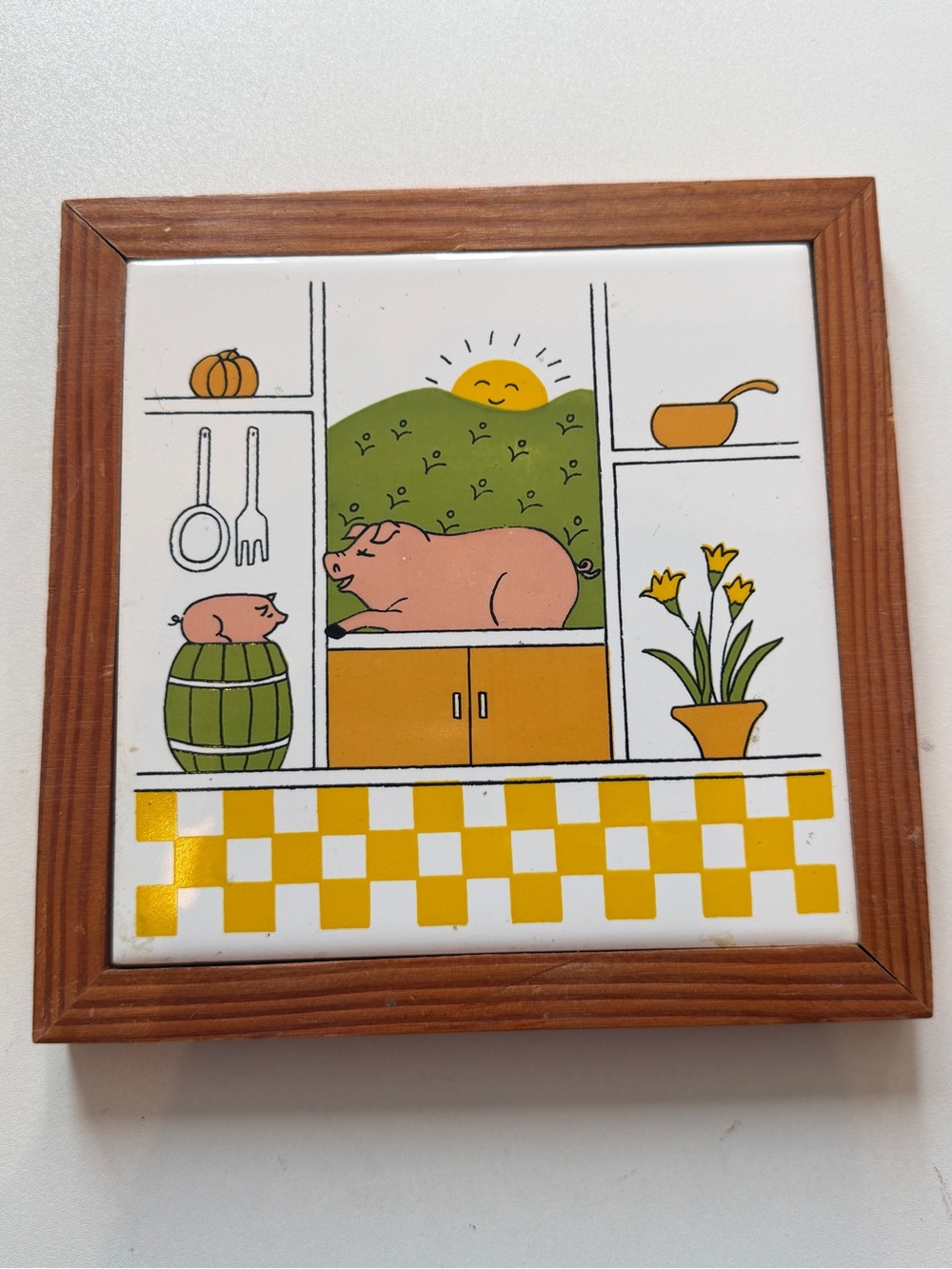 Vintage Ceramic Pig Tile Trivet with Wood Frame